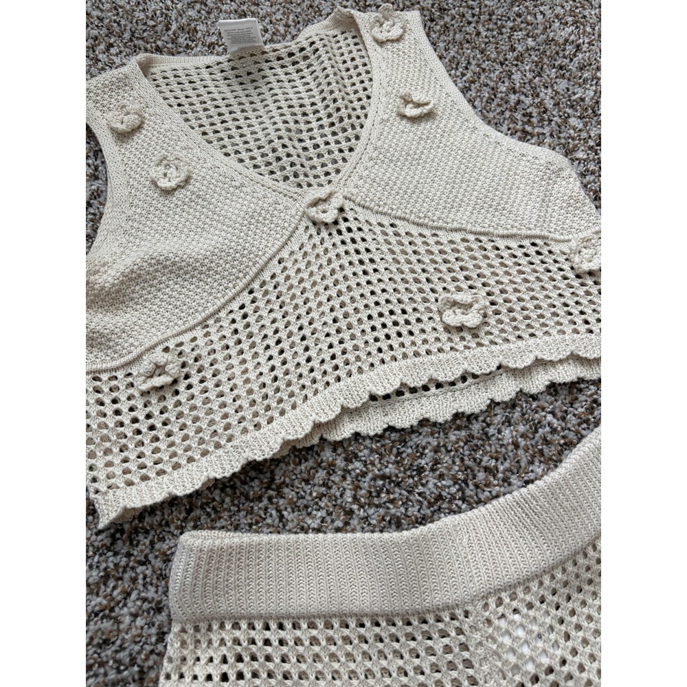 NEW Cha Cha Crochet Two Piece Set Small Cream Floral Applique Boho Scallop Hem - Picture 2 of 6